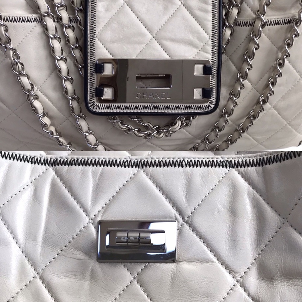 CHANEL Quilted East West Tote Bag Lambskin Silver Harware Cream Color - Picture 9 of 16